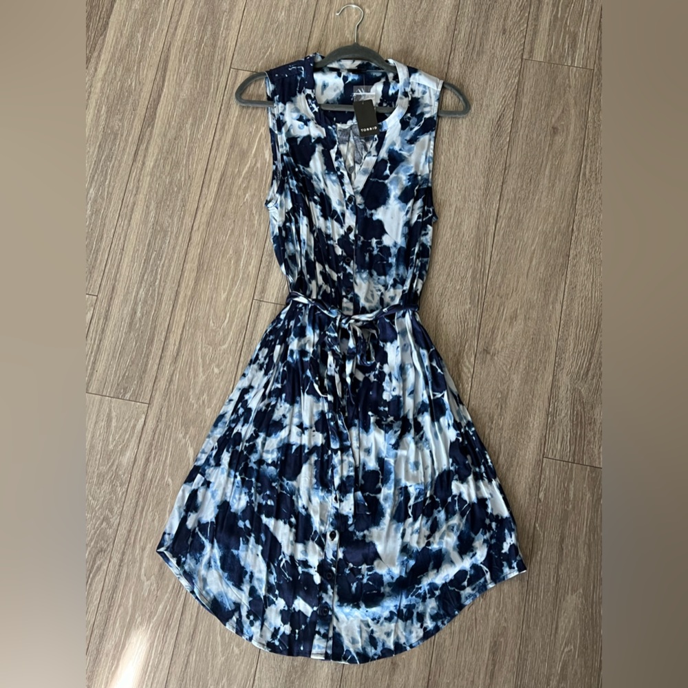 Torrid Navy Tie-Dye Challis Button Front Self Tie Shirt Dress, Size 1